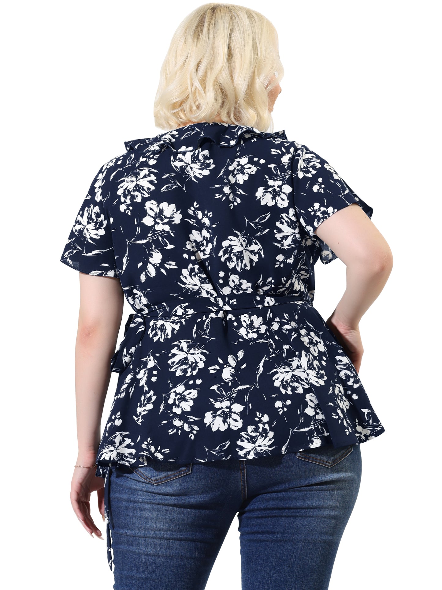 Women Plus Size Wrap V Neck Tie Waist Ruffle Sleeve Blouse Summer Floral Top