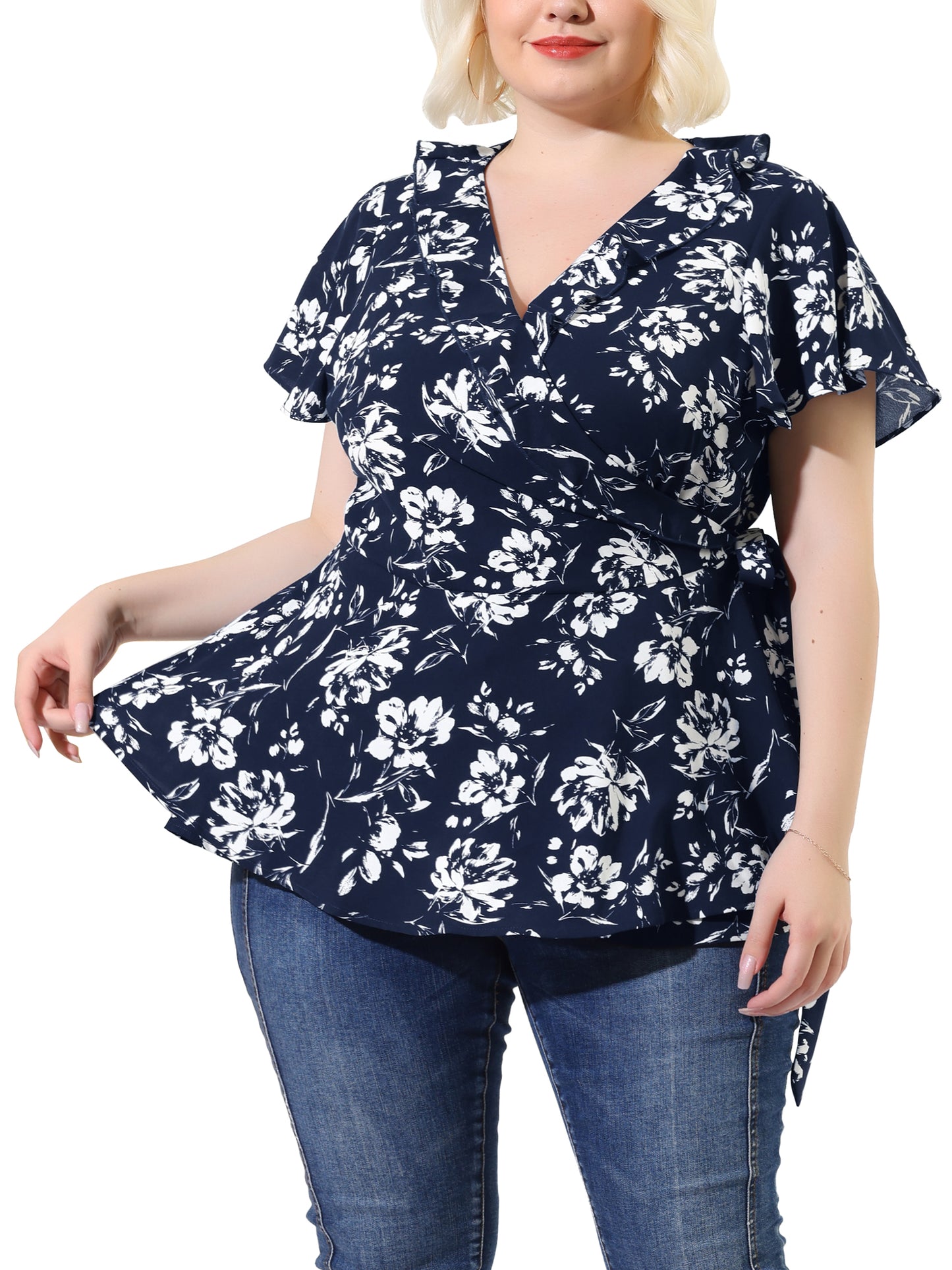 Women Plus Size Wrap V Neck Tie Waist Ruffle Sleeve Blouse Summer Floral Top