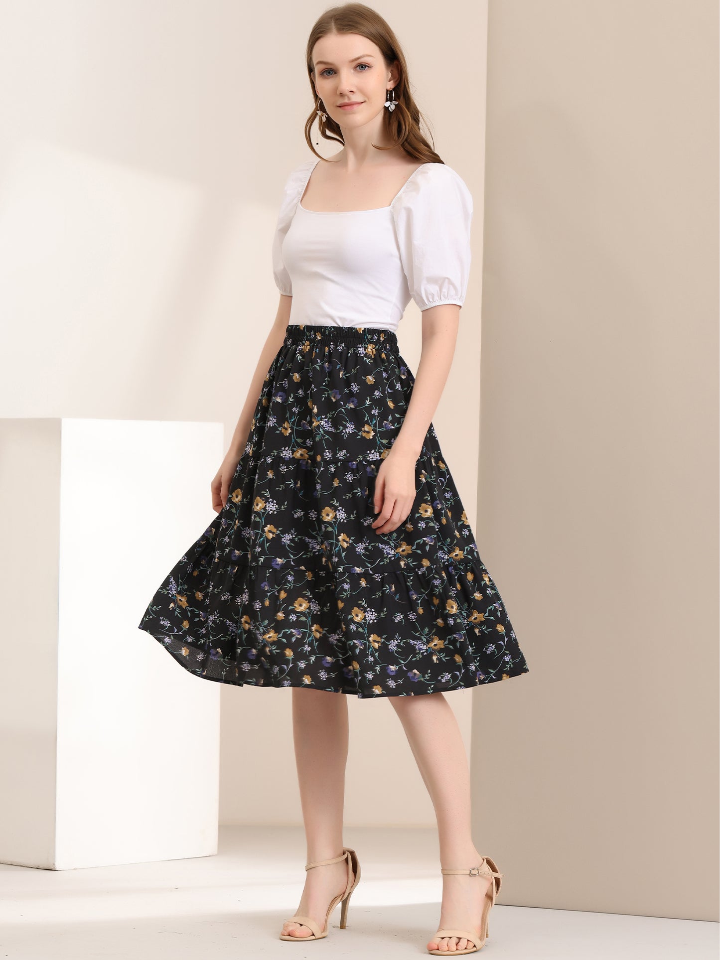 Women's Floral Printed Elastic Waist A-Line Ruffle Hem Tiered Skirt