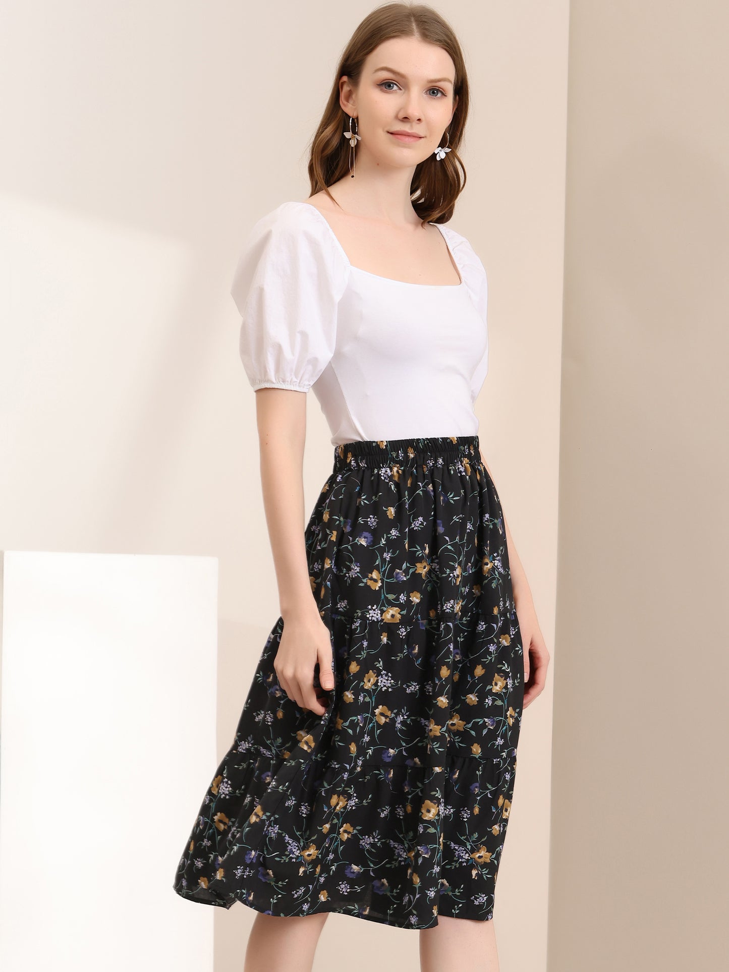Women's Floral Printed Elastic Waist A-Line Ruffle Hem Tiered Skirt