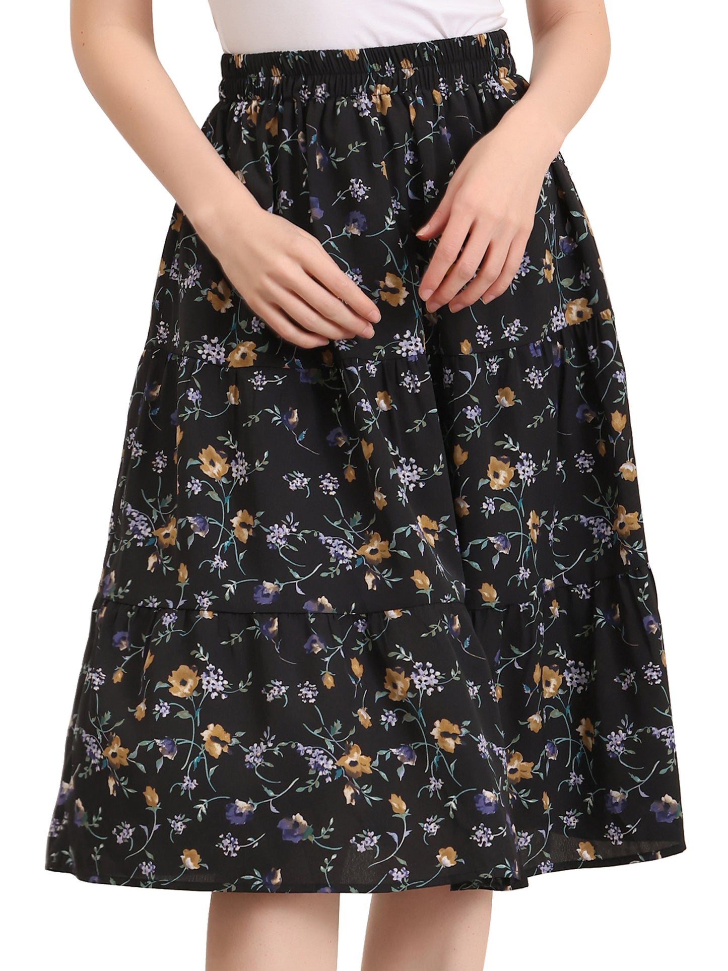 Women's Floral Printed Elastic Waist A-Line Ruffle Hem Tiered Skirt