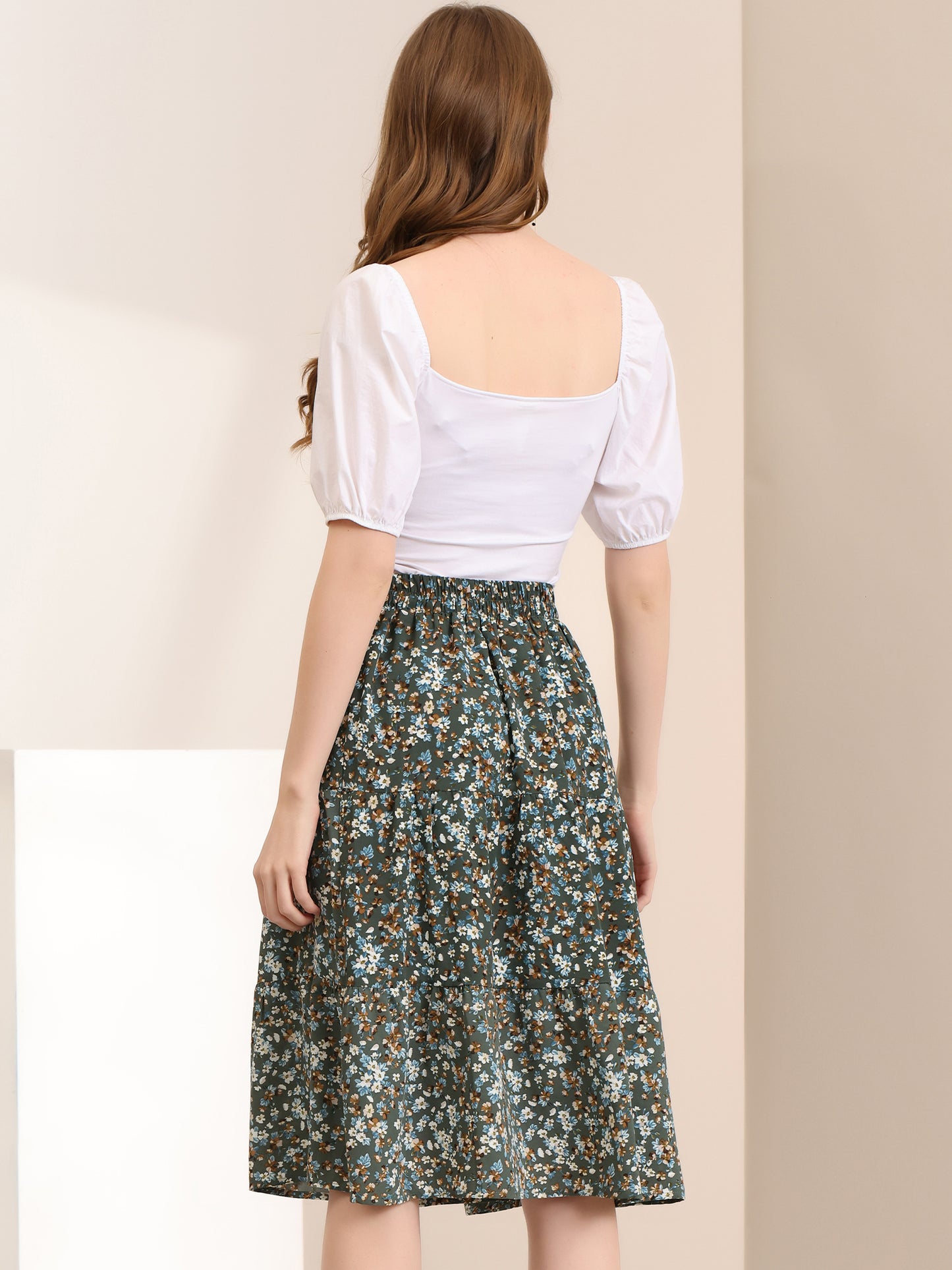 Falda escalonada con dobladillo con volantes, cintura elástica y estampado floral para mujer