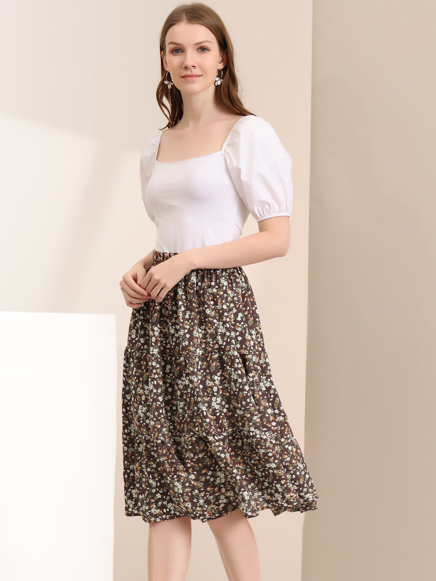 Women's Floral Printed Elastic Waist A-Line Ruffle Hem Tiered Skirt