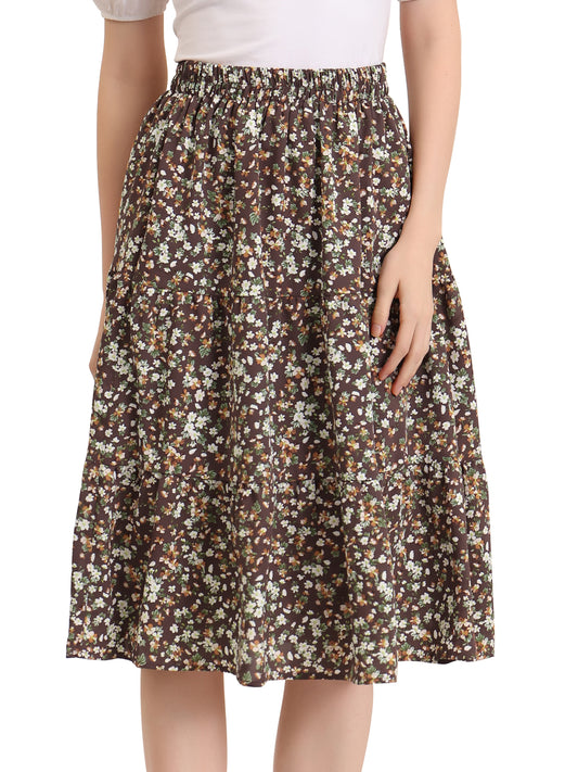 Women's Floral Printed Elastic Waist A-Line Ruffle Hem Tiered Skirt