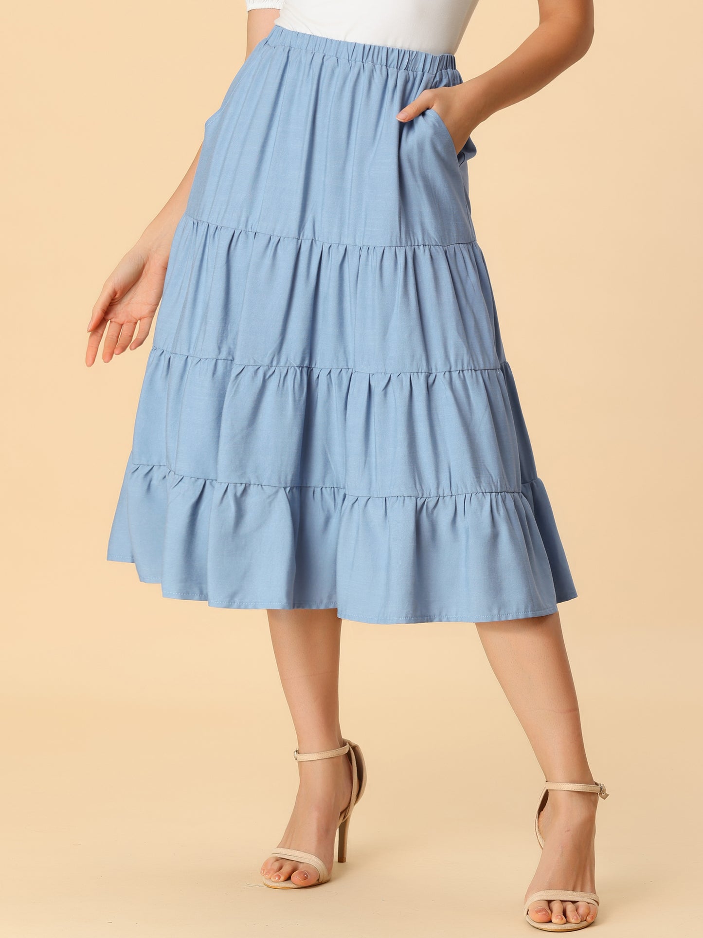 Faldas midi para mujer, estilo bohemio, plisadas, con vuelo, con cintura elástica, largas, con bolsillos