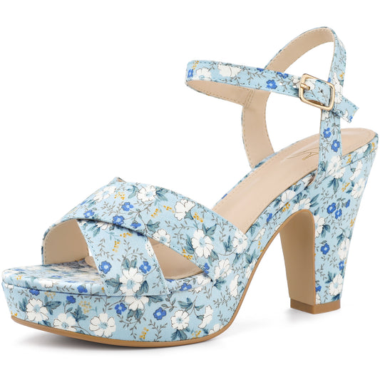 Women Floral Platform Chunky Heels Sandals