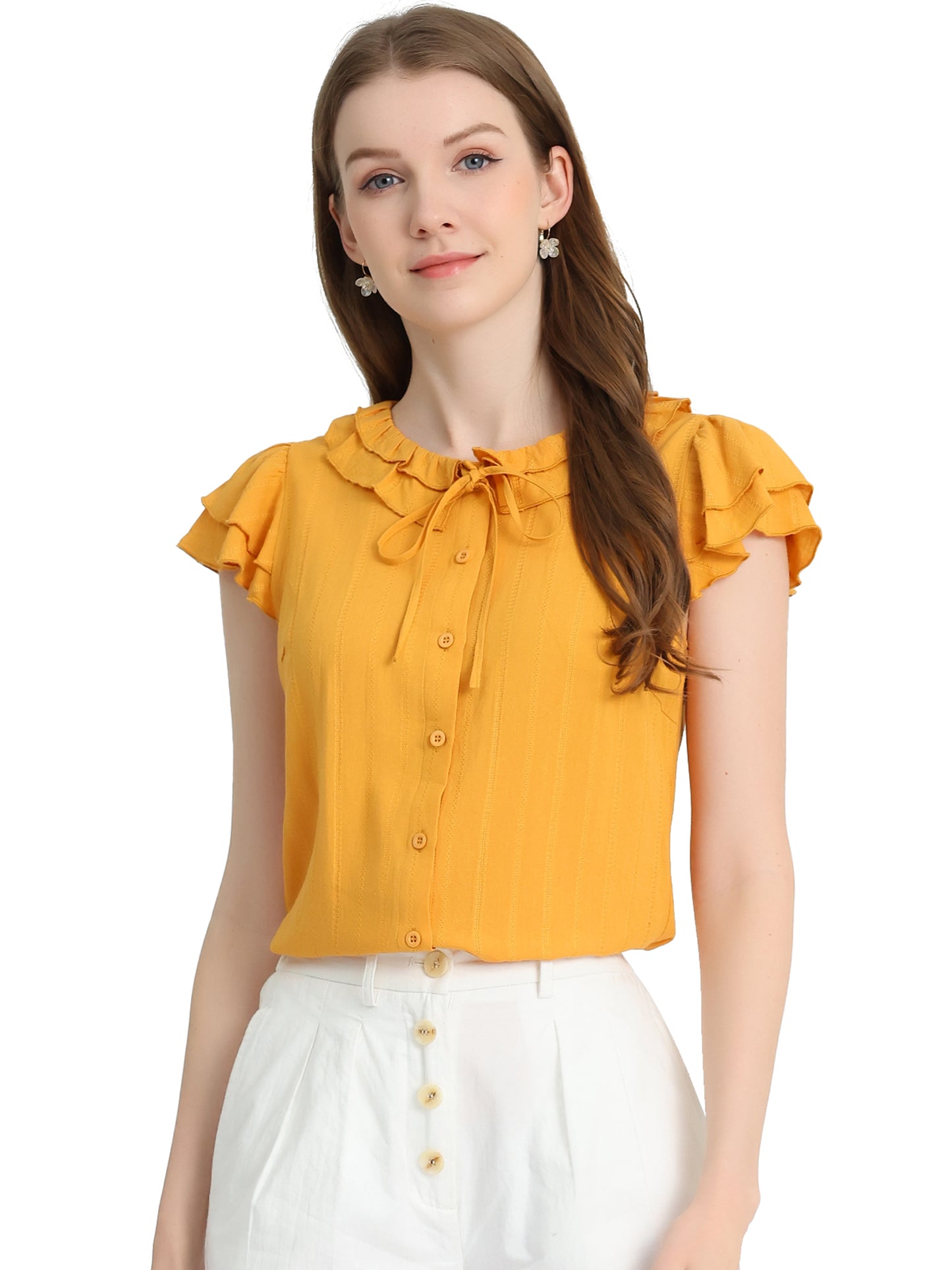 Women's Ruffle Sleeve Tie Neck Button Front Flounce Neck Cotton Work Blouse