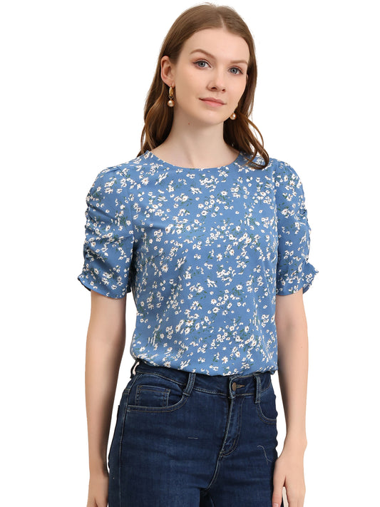 Women's Floral Crew Neck Summer Shirred Short Sleeve Blouse