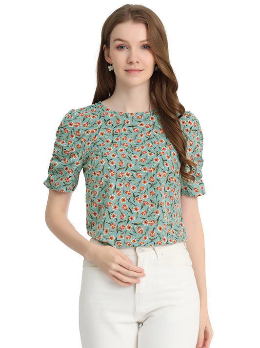 Women's Floral Crew Neck Summer Shirred Short Sleeve Blouse