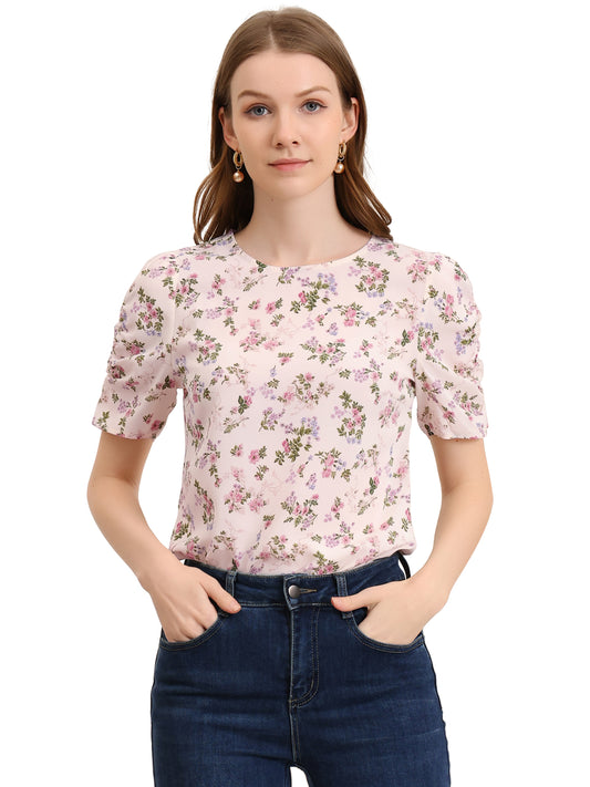 Women's Floral Crew Neck Summer Shirred Short Sleeve Blouse