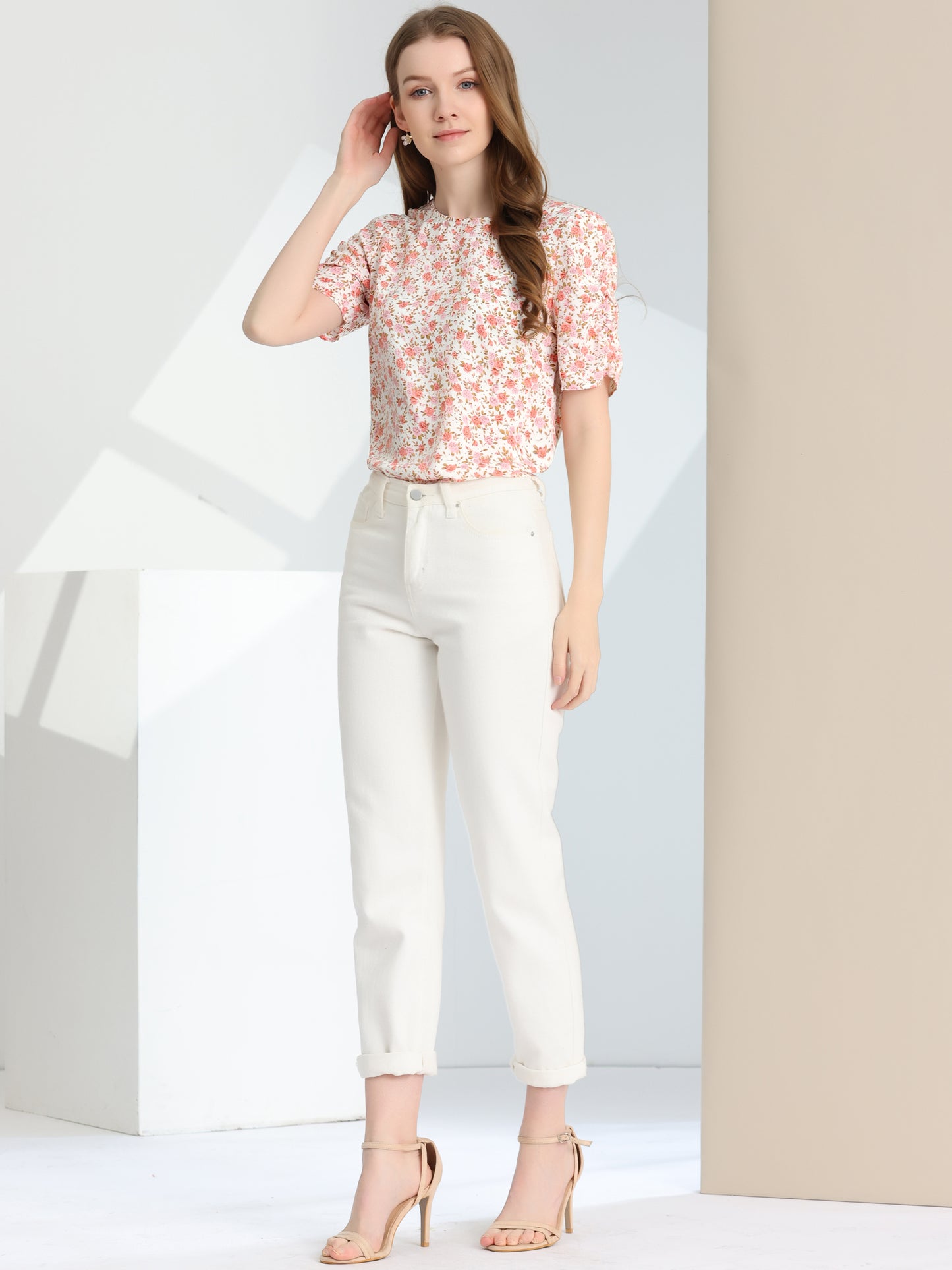 Women's Floral Crew Neck Summer Shirred Short Sleeve Blouse
