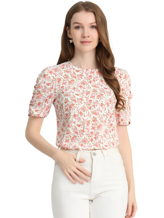 Women's Floral Crew Neck Summer Shirred Short Sleeve Blouse