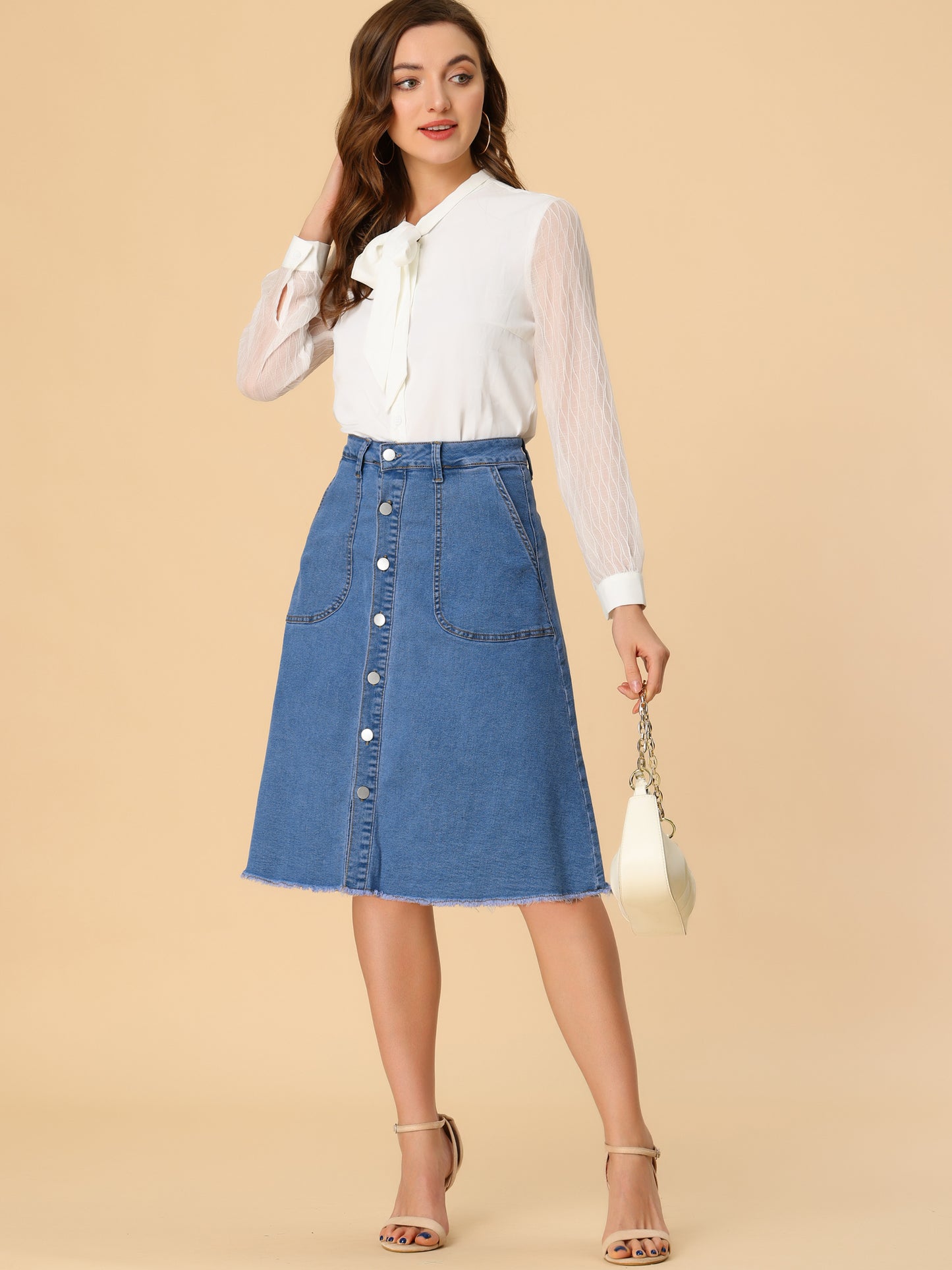 Women's Denim Skirts Raw Hem Button Down Midi Jeans Skirt (Available in Plus Size)