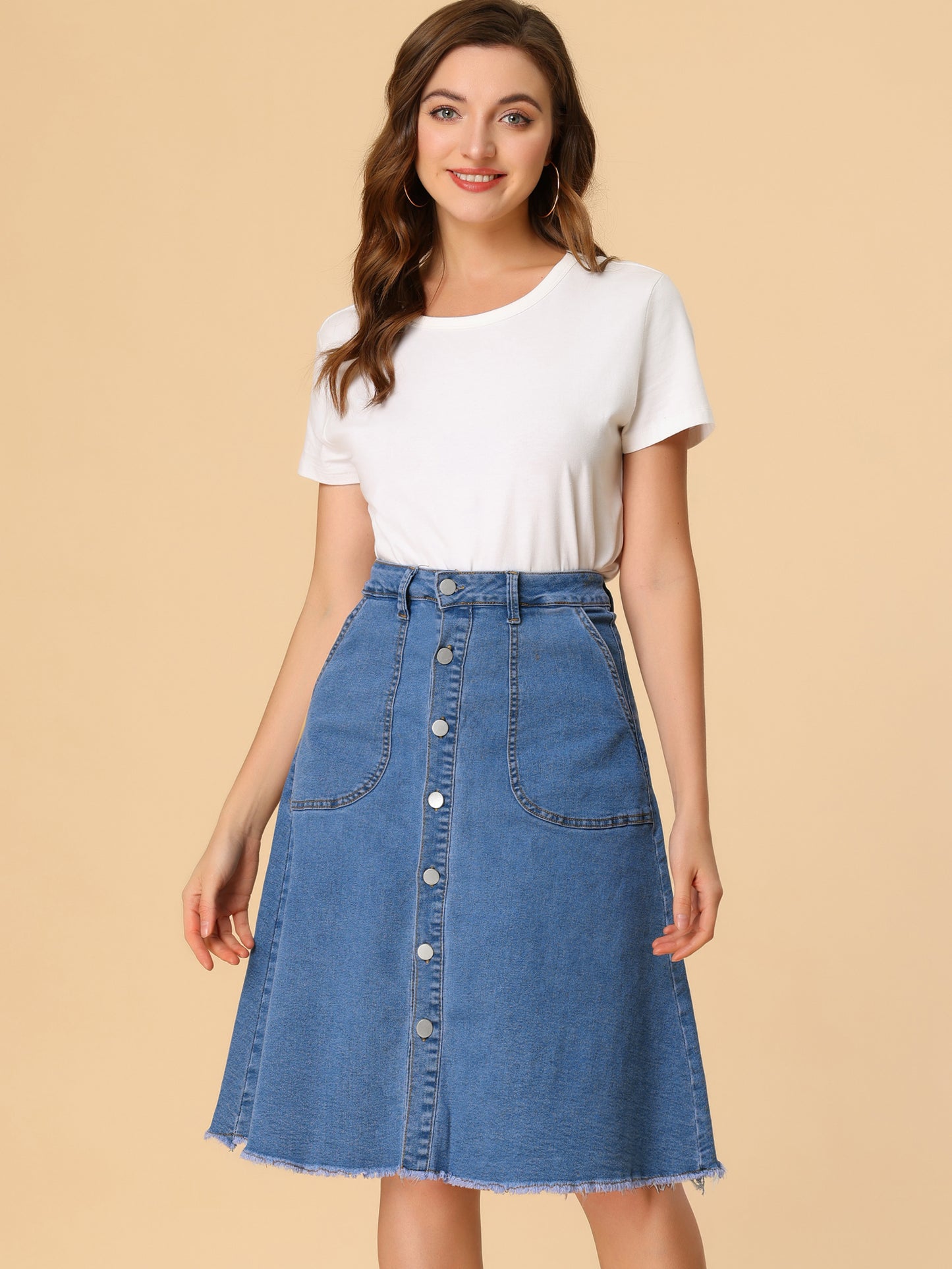 Women's Denim Skirts Raw Hem Button Down Midi Jeans Skirt (Available in Plus Size)
