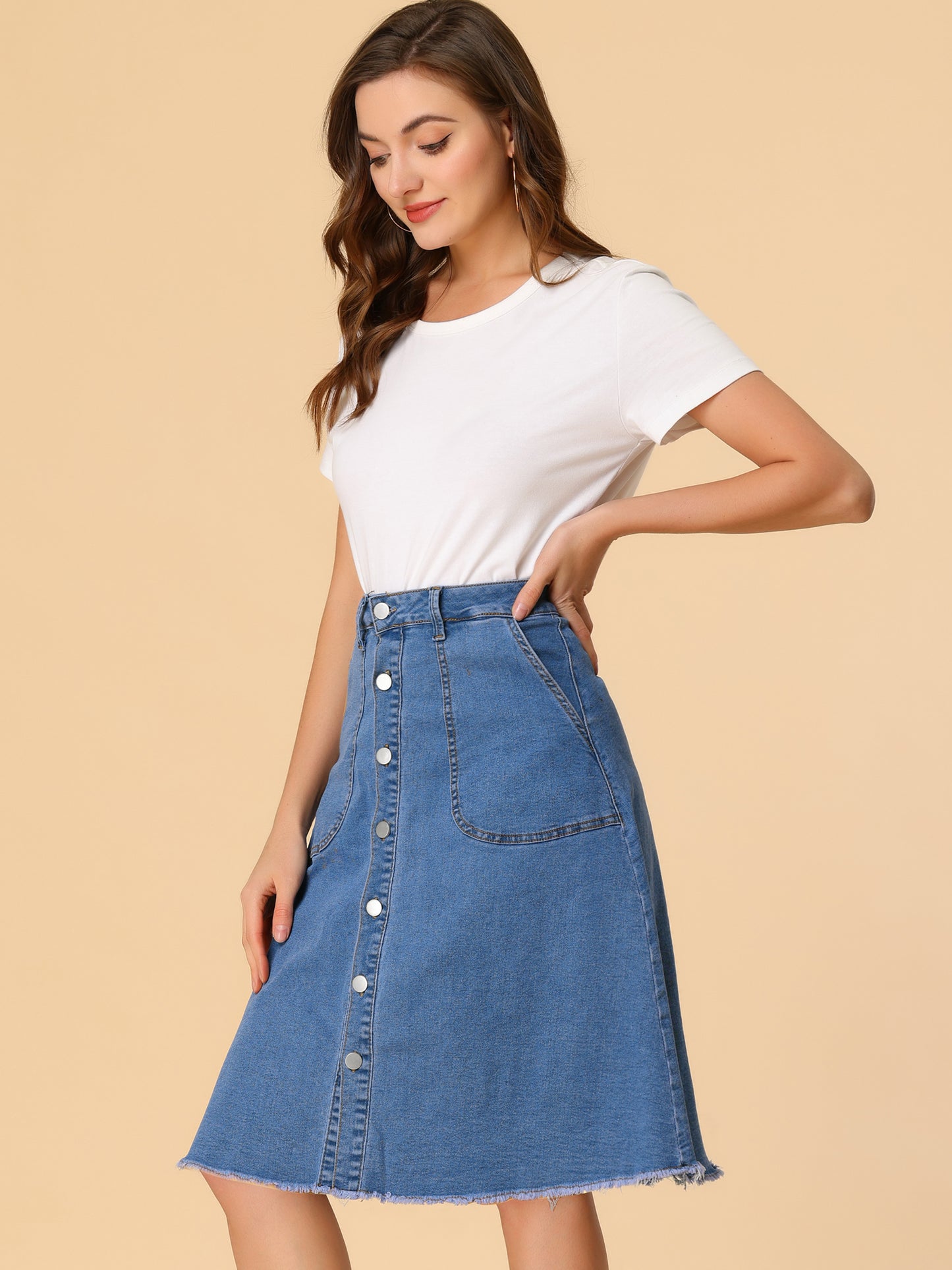 Women's Denim Skirts Raw Hem Button Down Midi Jeans Skirt (Available in Plus Size)