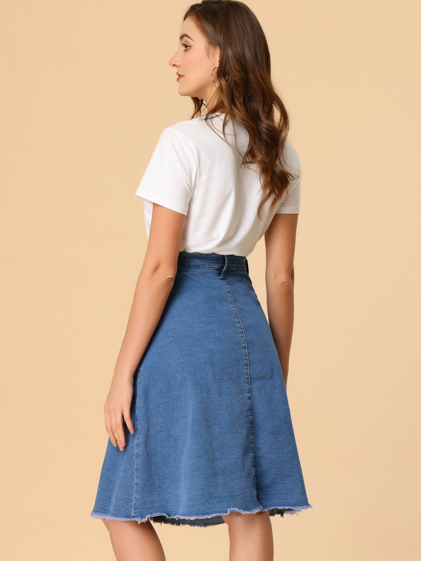 Women's Denim Skirts Raw Hem Button Down Midi Jeans Skirt (Available in Plus Size)