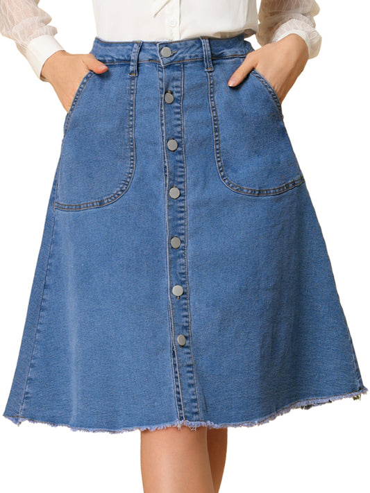 Women's Denim Skirts Raw Hem Button Down Midi Jeans Skirt (Available in Plus Size)