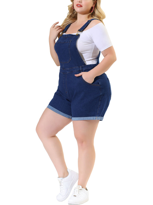 Mono de mezclilla con bolsillos y dobladillo enrollado para mujer, talla grande
