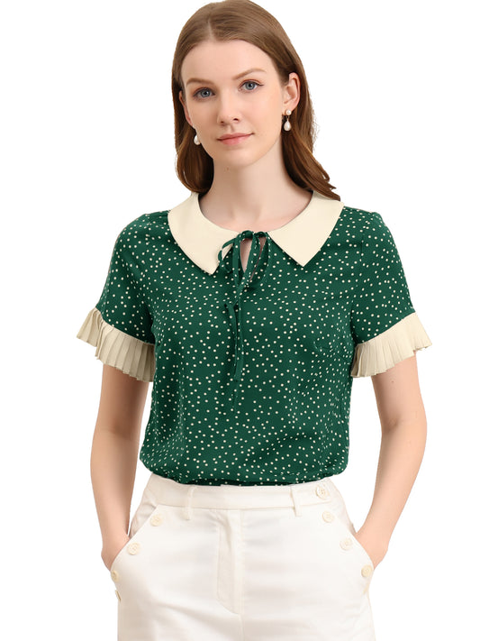 Women's Contrast Doll Collar Polka Dots Short Sleeves Blouse Shirt Top