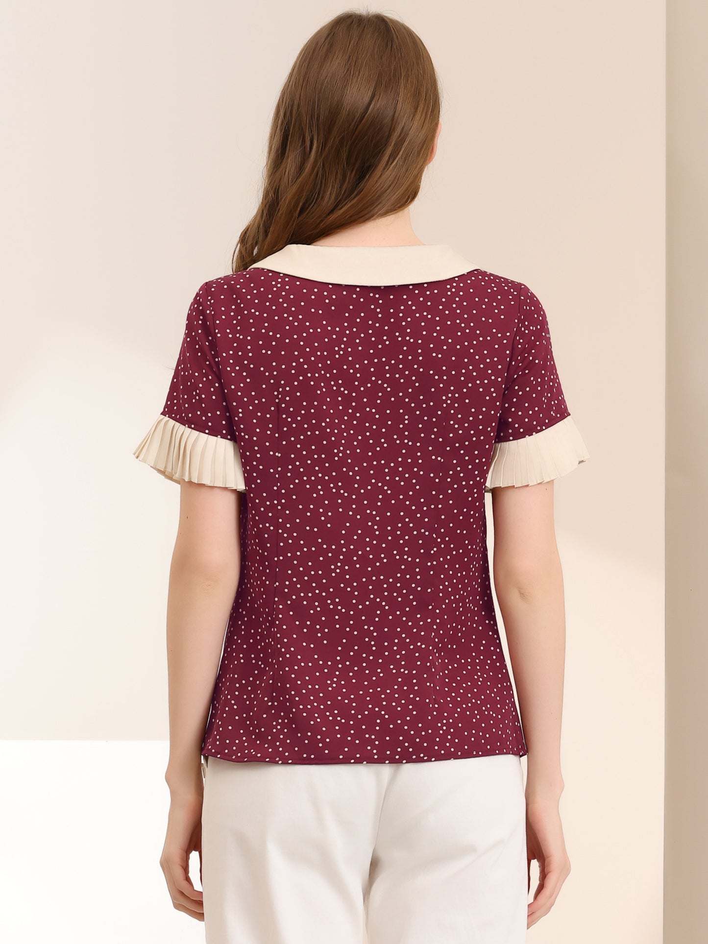 Women's Contrast Doll Collar Polka Dots Short Sleeves Blouse Shirt Top