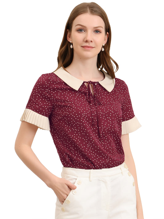 Blusa de manga corta con lunares y cuello de muñeca en contraste para mujer