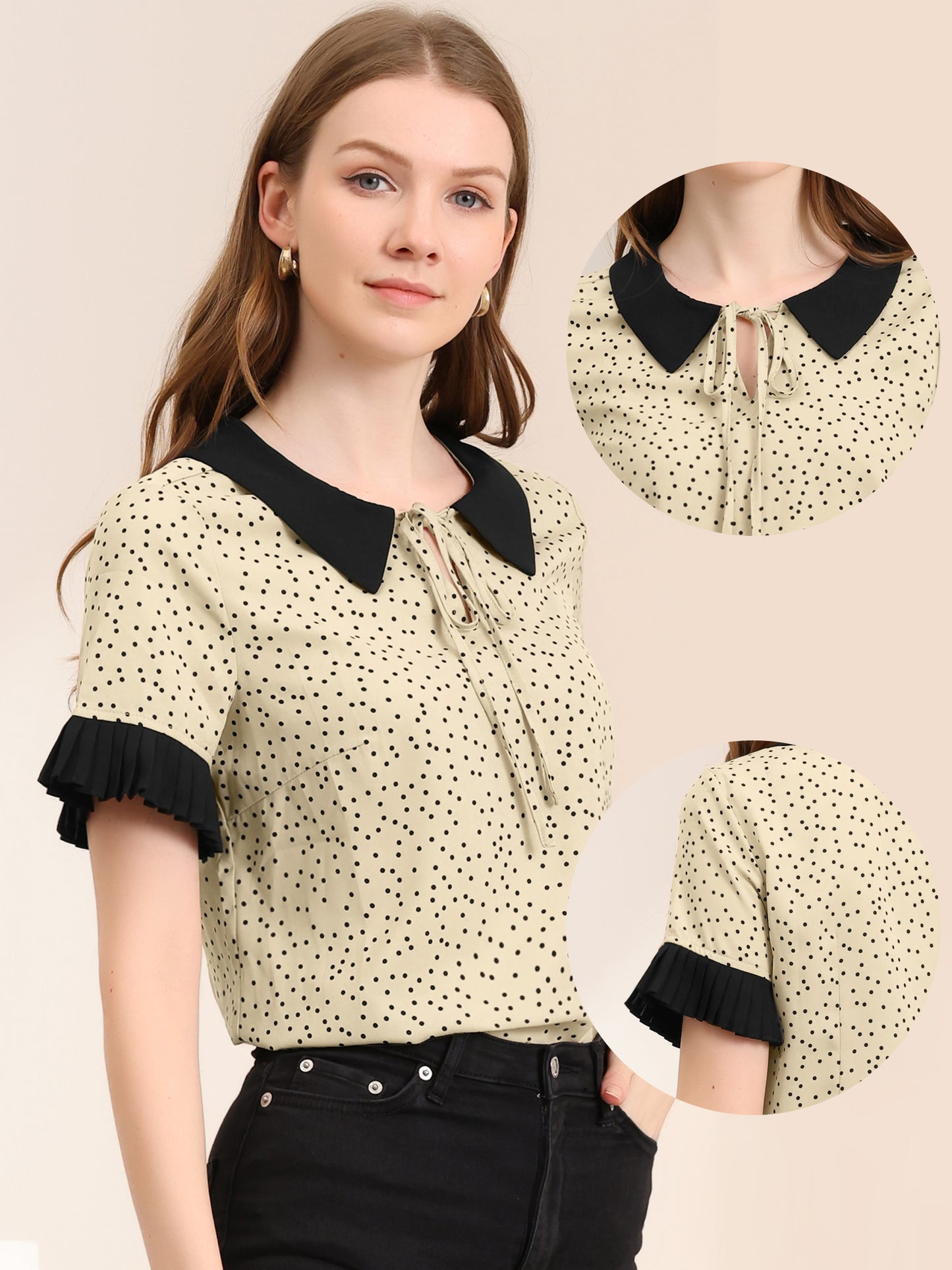 Women's Contrast Doll Collar Polka Dots Short Sleeves Blouse Shirt Top