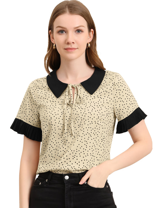 Women's Contrast Doll Collar Polka Dots Short Sleeves Blouse Shirt Top