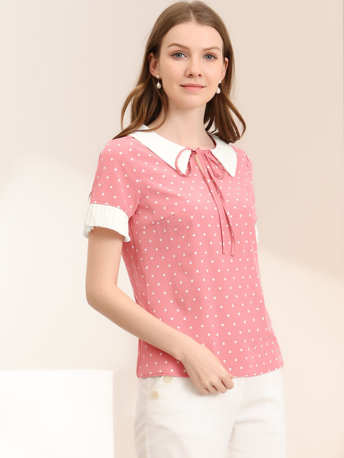 Women's Contrast Doll Collar Polka Dots Short Sleeves Blouse Shirt Top