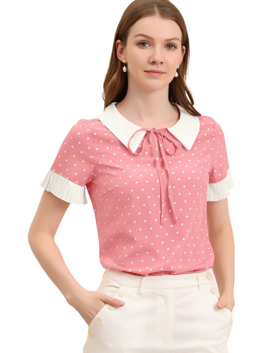 Women's Contrast Doll Collar Polka Dots Short Sleeves Blouse Shirt Top