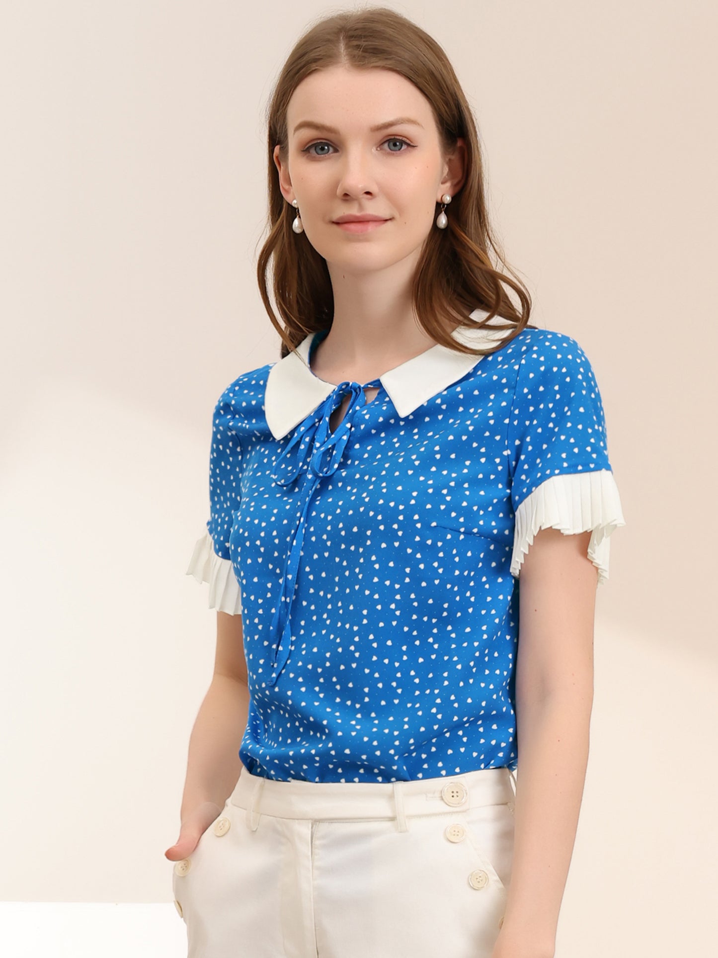 Women's Contrast Doll Collar Polka Dots Short Sleeves Blouse Shirt Top