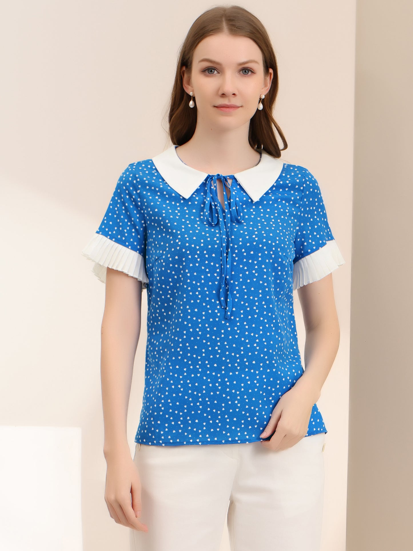 Women's Contrast Doll Collar Polka Dots Short Sleeves Blouse Shirt Top