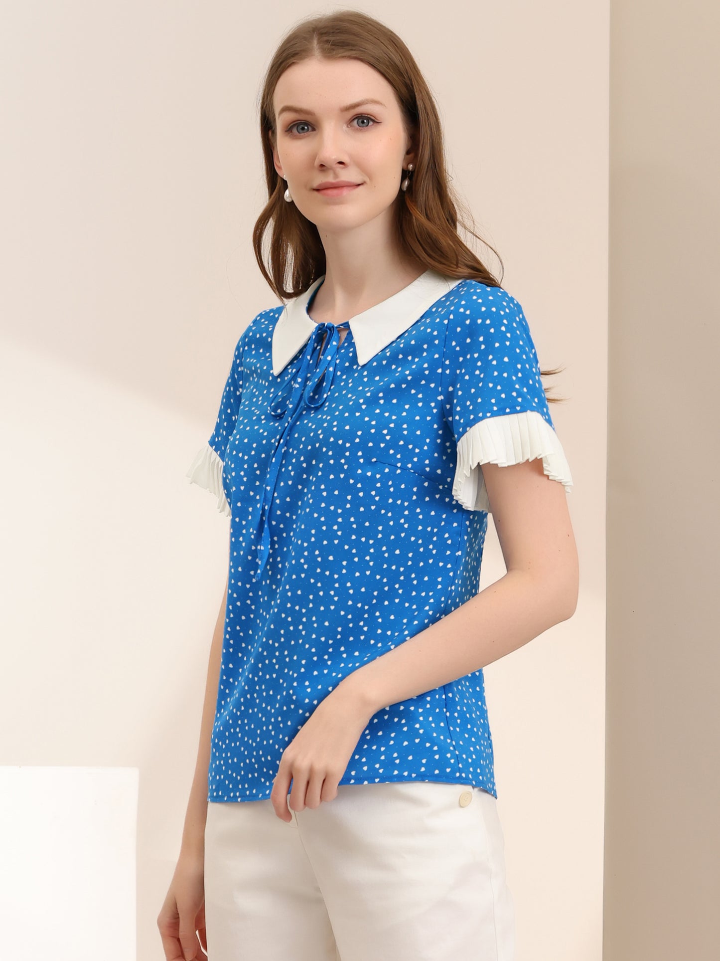 Women's Contrast Doll Collar Polka Dots Short Sleeves Blouse Shirt Top
