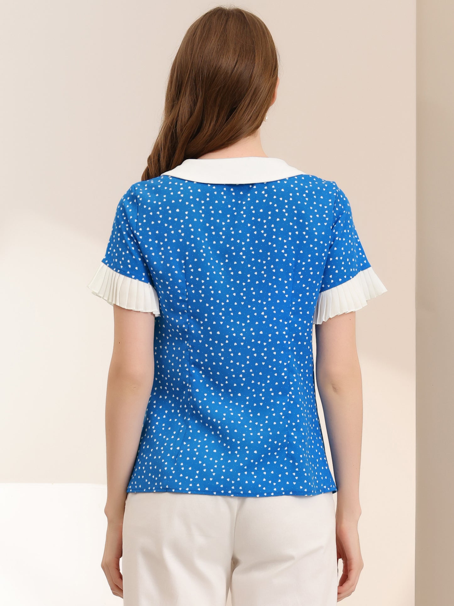 Women's Contrast Doll Collar Polka Dots Short Sleeves Blouse Shirt Top