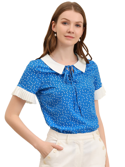 Women's Contrast Doll Collar Polka Dots Short Sleeves Blouse Shirt Top
