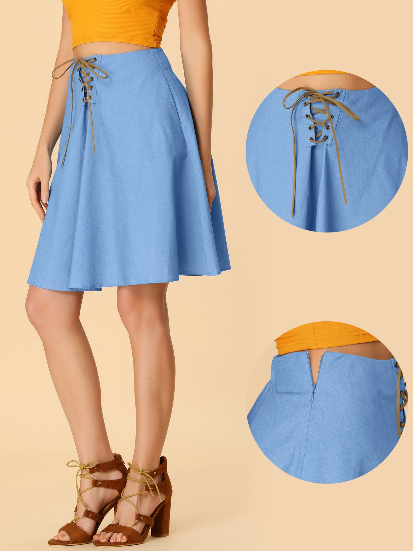 Falda vaquera de mujer con cordones y corte cambray hasta la rodilla