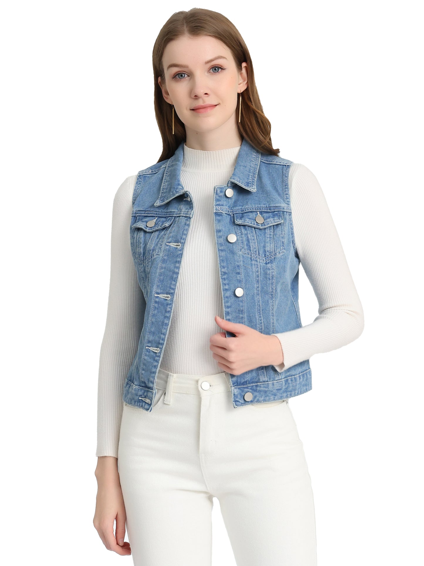 Women's Buttoned Washed Denim Vest Jacket W Chest Flap Pockets (Available in Plus Size)