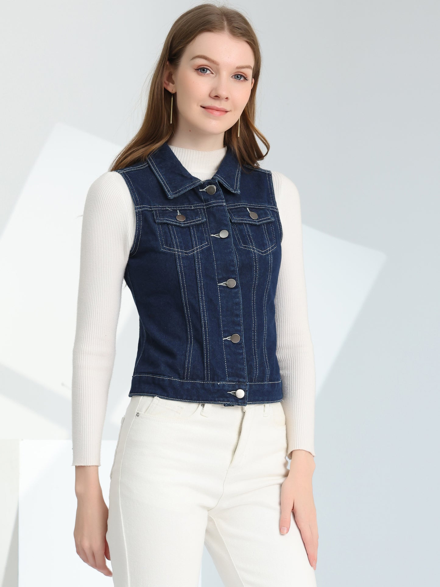 Women's Buttoned Washed Denim Vest Jacket W Chest Flap Pockets