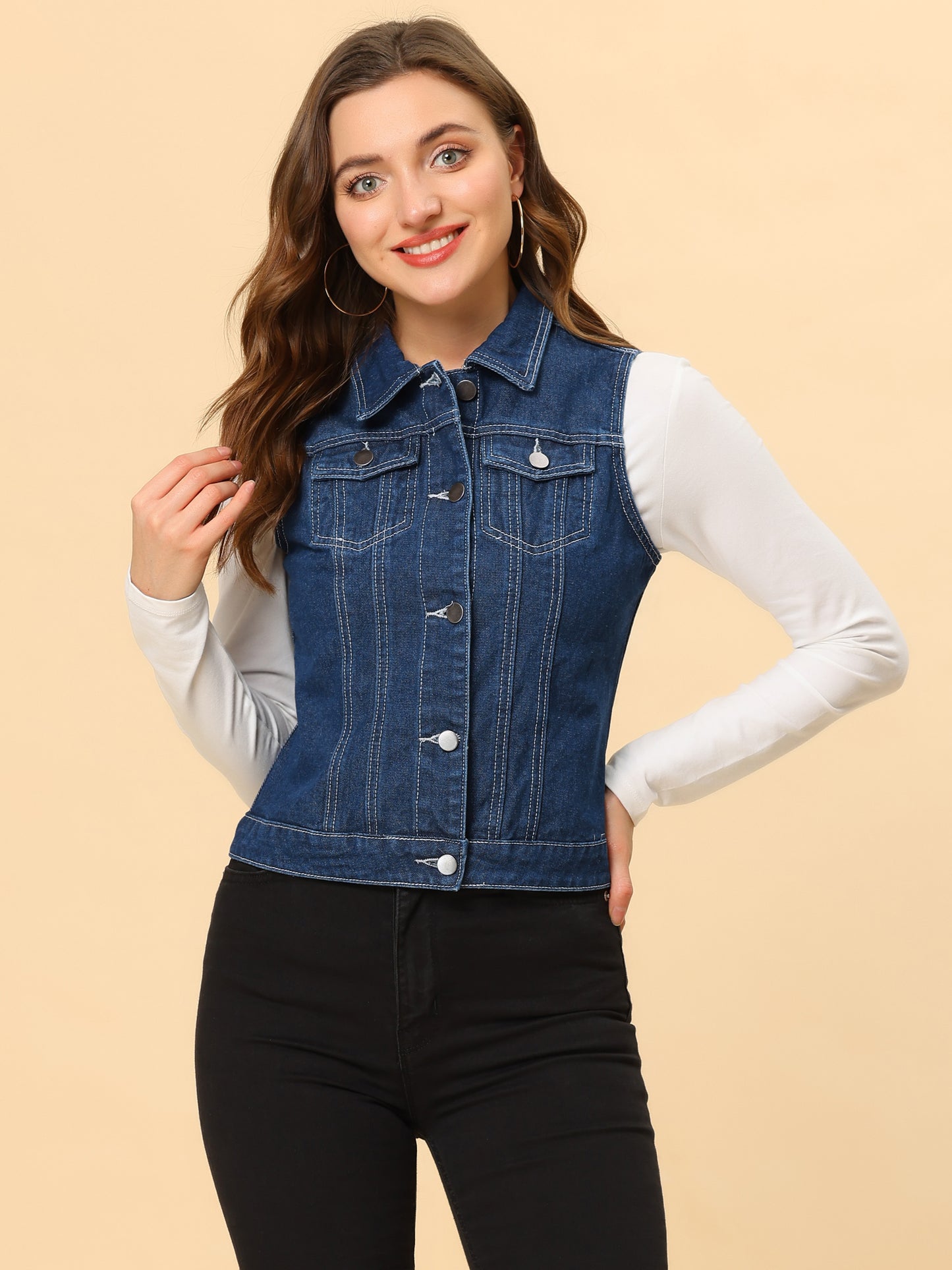 Women's Buttoned Washed Denim Vest Jacket W Chest Flap Pockets