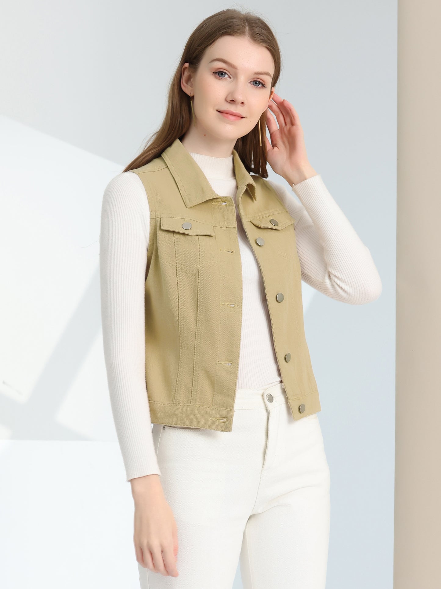 Women's Buttoned Washed Denim Vest Jacket W Chest Flap Pockets