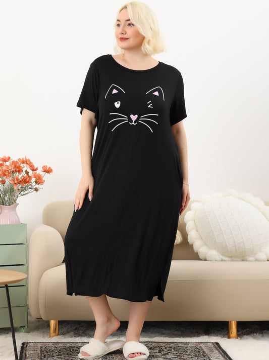 Women's Plus Size Nightgowns Pajama Dress Cute Cat Loose Loungewear with Pockets