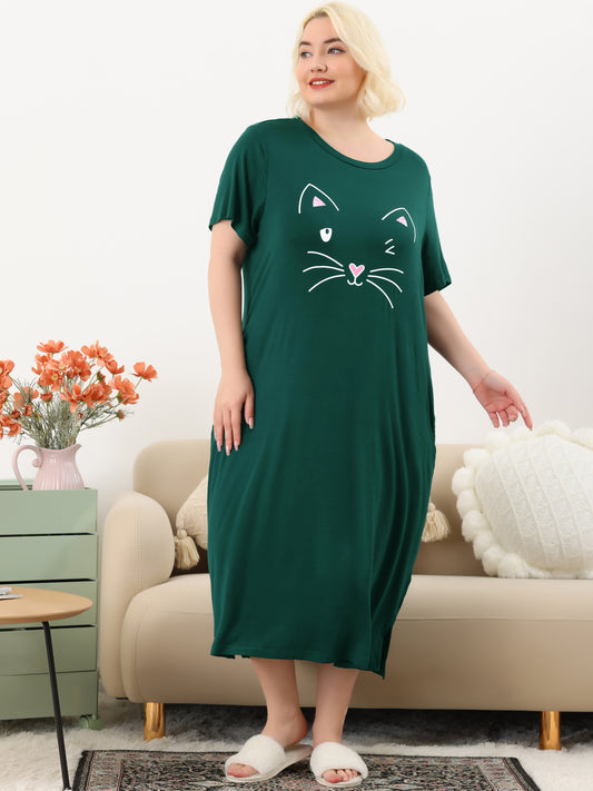Camisón de talla grande para mujer, vestido de pijama holgado con bonito gato y bolsillos