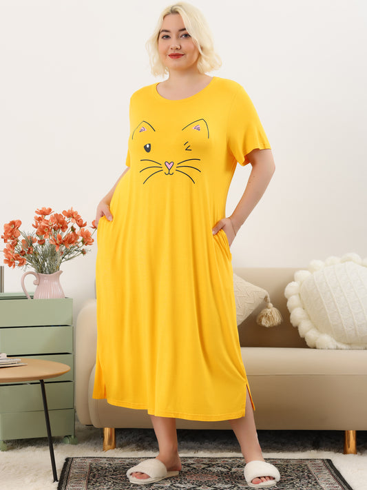 Women's Plus Size Nightgowns Pajama Dress Cute Cat Loose Loungewear with Pockets