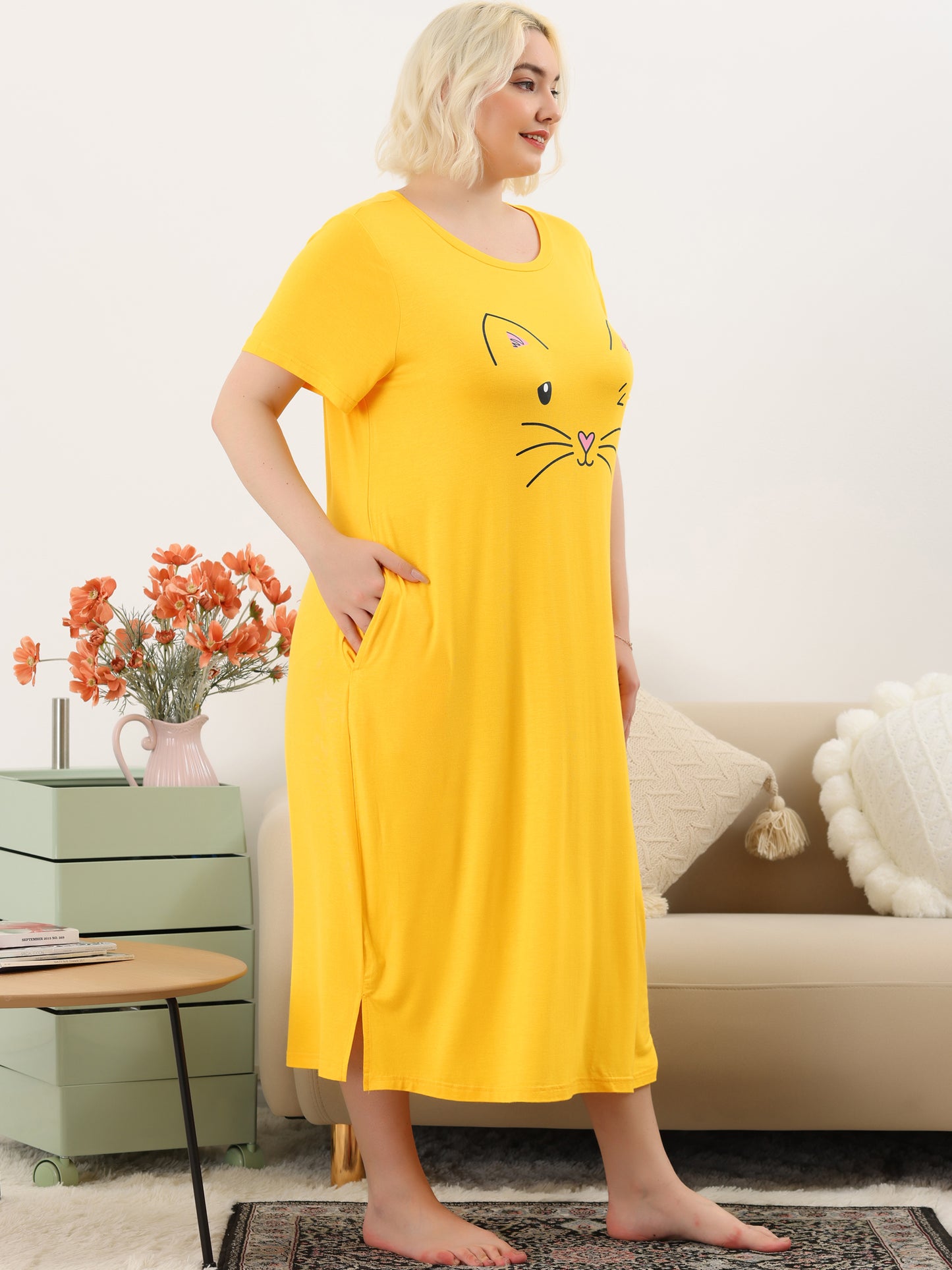Women's Plus Size Nightgowns Pajama Dress Cute Cat Loose Loungewear with Pockets