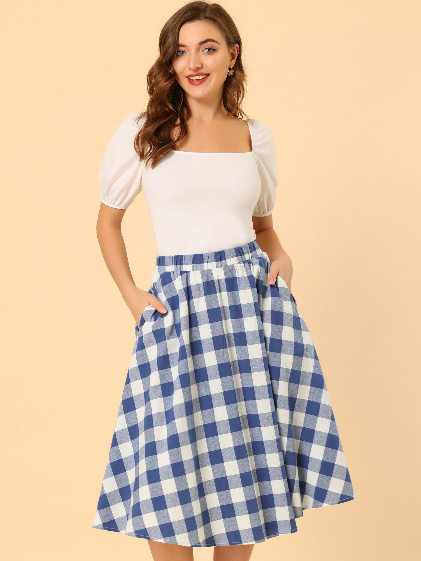 Falda de mujer con bolsillos, estilo skater, acampanada, estilo retro, midi, de cuadros vichy