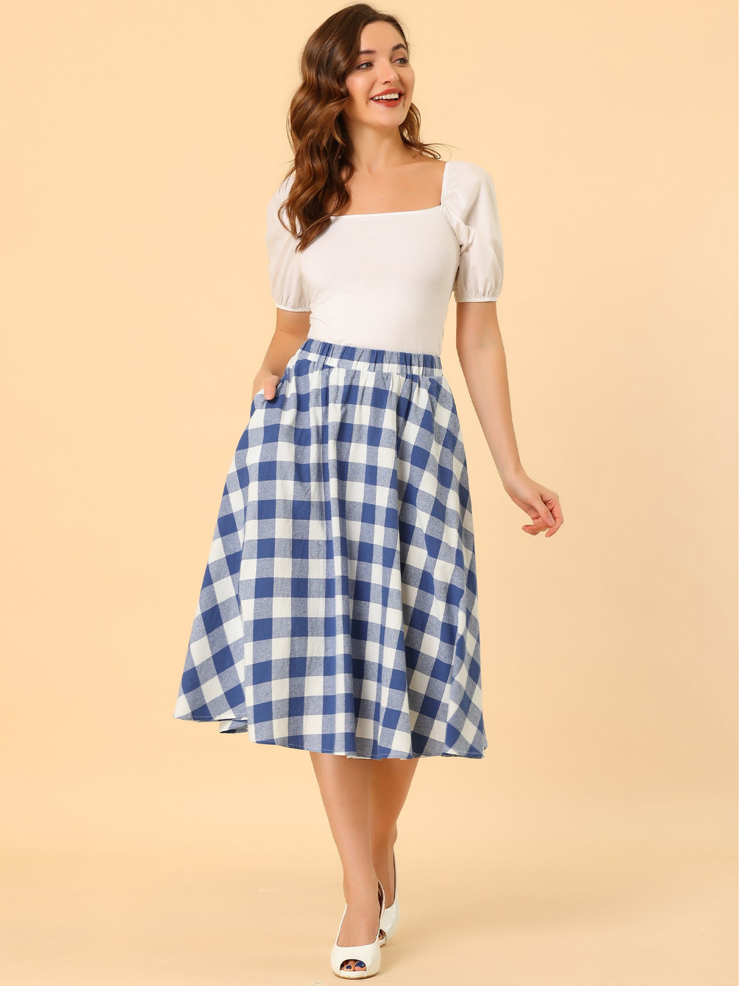 Falda de mujer con bolsillos, estilo skater, acampanada, estilo retro, midi, de cuadros vichy