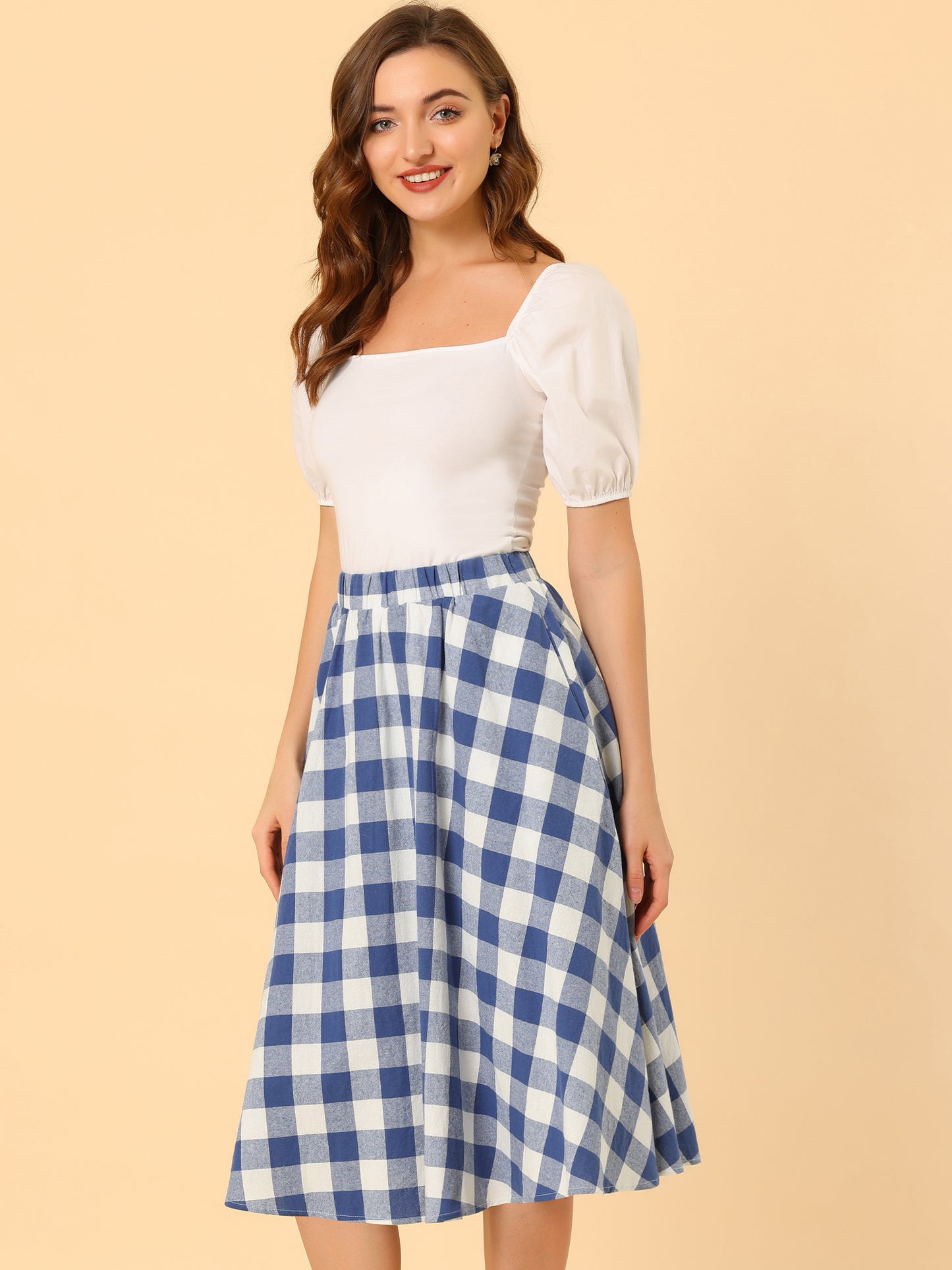 Falda de mujer con bolsillos, estilo skater, acampanada, estilo retro, midi, de cuadros vichy