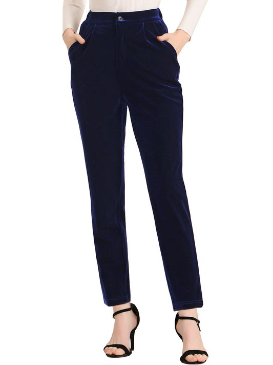 Women's Velvet Elegant High Waist Trousers with Pockets Work Ankle Pants