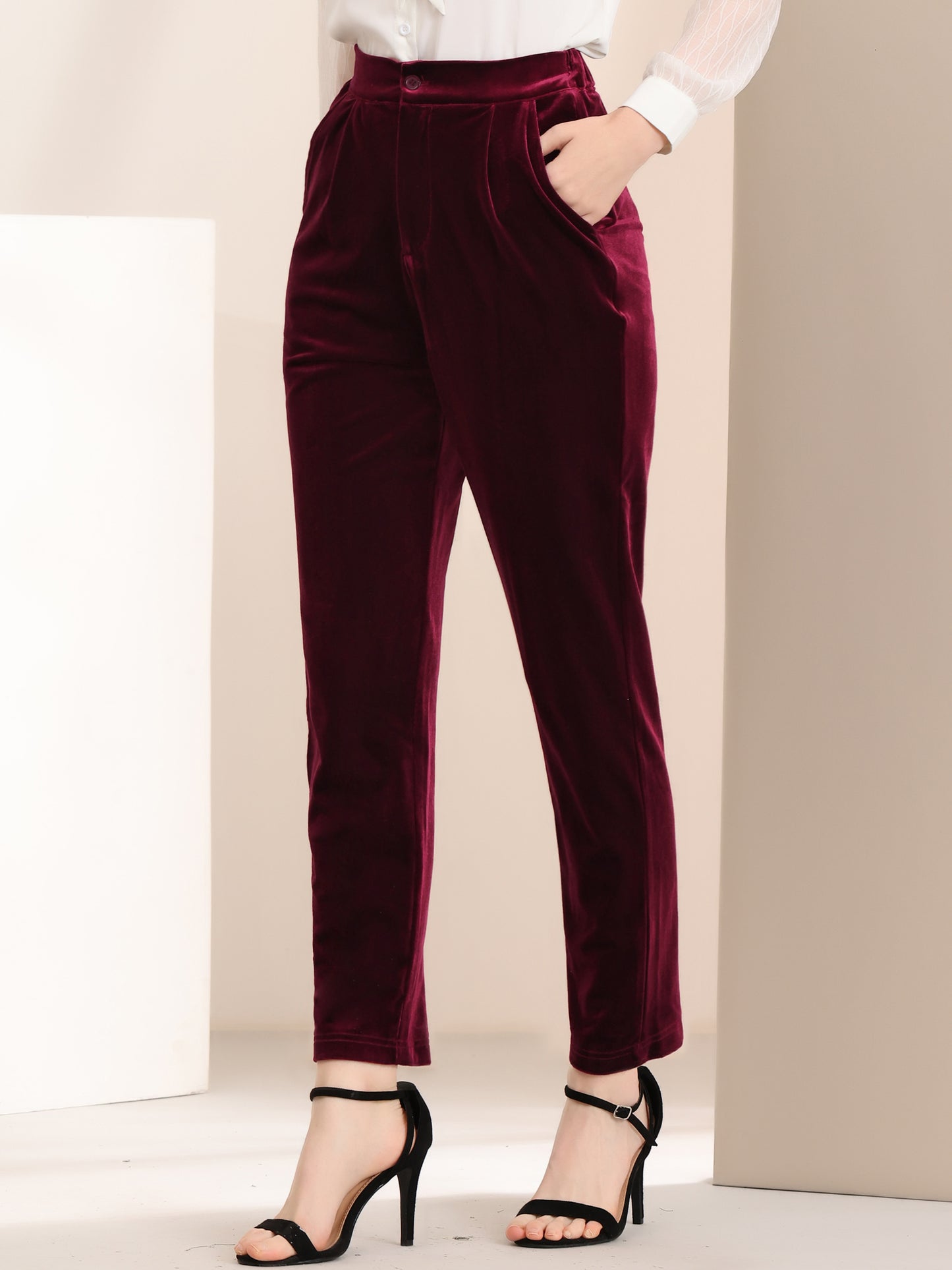 Women's Velvet Elegant High Waist Trousers with Pockets Work Ankle Pants