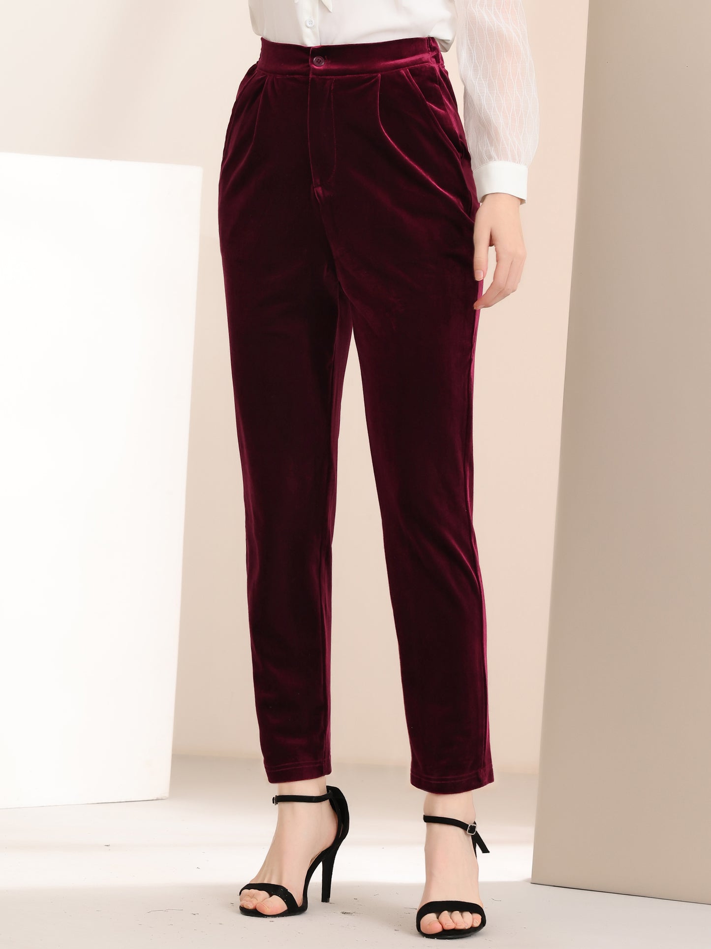 Women's Velvet Elegant High Waist Trousers with Pockets Work Ankle Pants