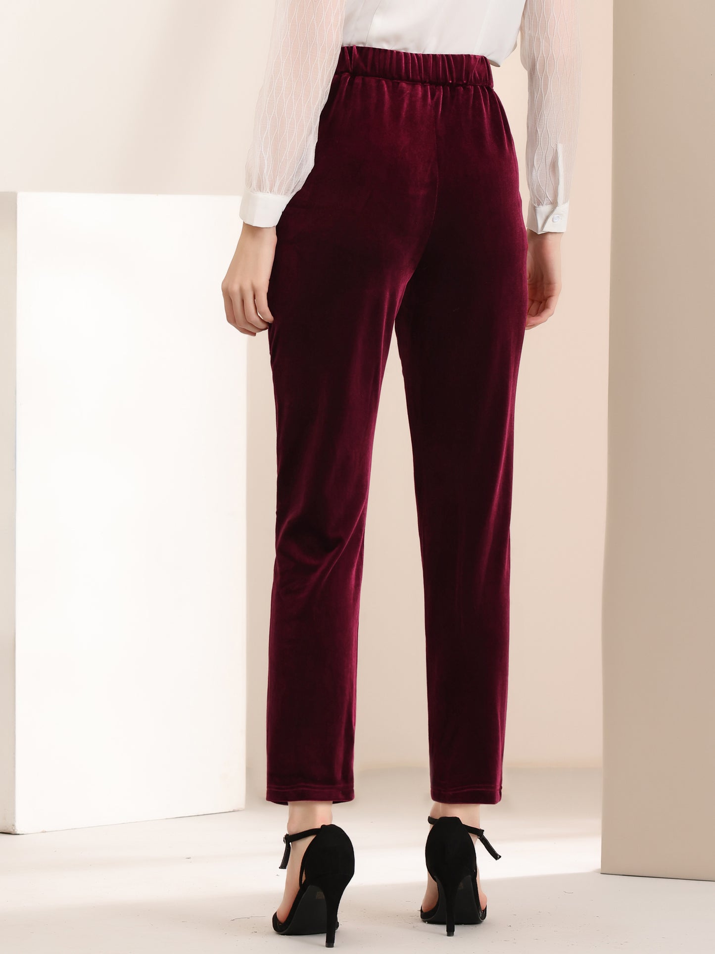 Women's Velvet Elegant High Waist Trousers with Pockets Work Ankle Pants